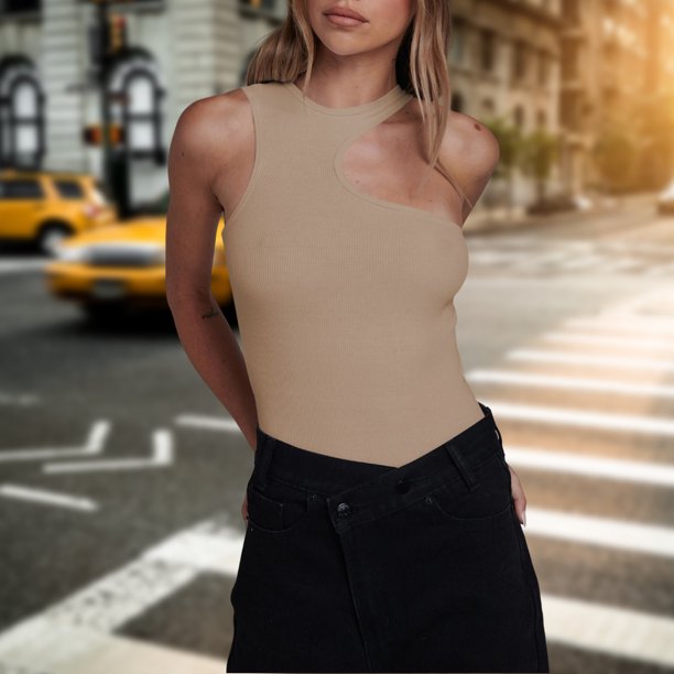 Body Body acanalado sexy Top ajustado de doble capa para mujeres que tocan fondo (Beige XL) Cgtredaw para Mujer Beige T M