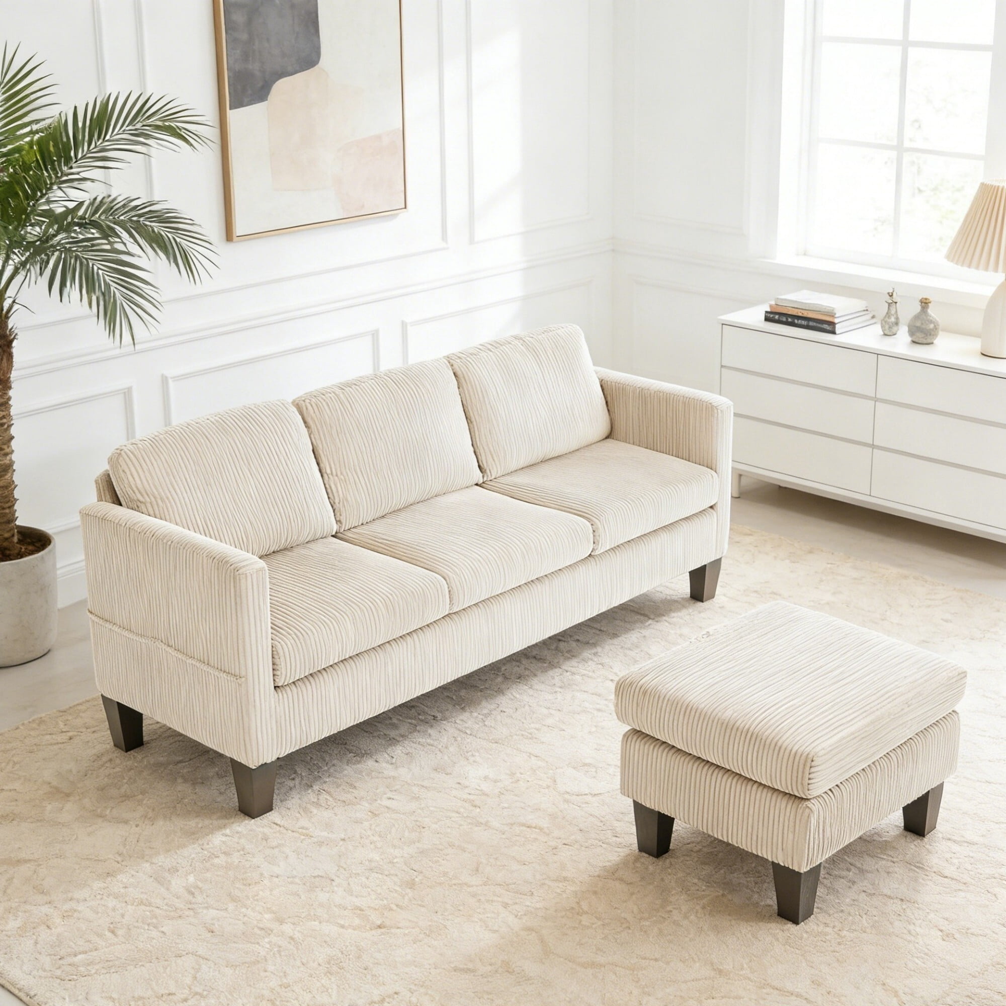 AENKYO 67" L-Shaped Corduroy Sectional Sofa with Storage Ottoman, Modern 3-Seat Couch w/ Side Pockets, Beige