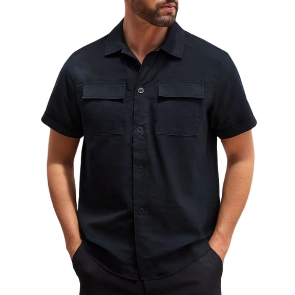 LEKWK Mens Button Down Shirt Short Sleeve Collared Hiking Tops with Dual Chest Pockets Utility Casual Work Travel Summer Shirts Black XL