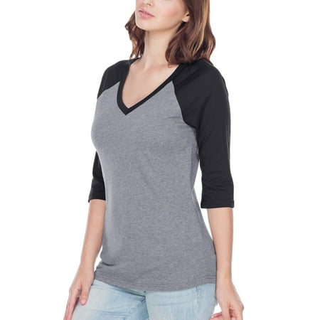 - Kavio! Women Sheer Jersey Cntrst V Neck Raglan 3/4 Sleeve Dark Heather Gray/Black S