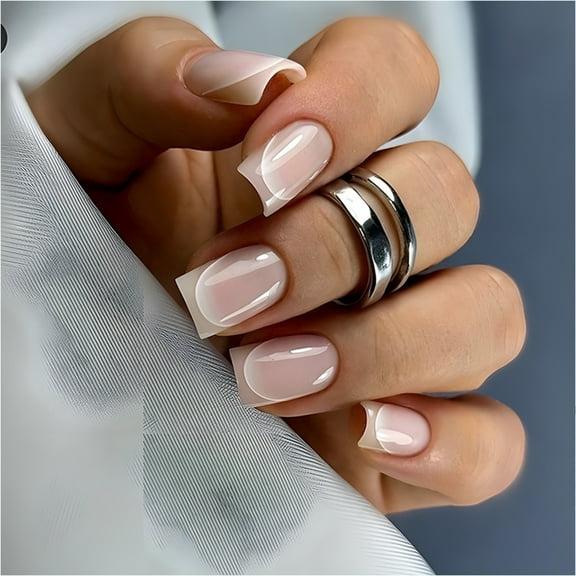 ROZYARD 24 Pieces Short Square Stick on Nail French Tip Press On Nail Manicure Nail