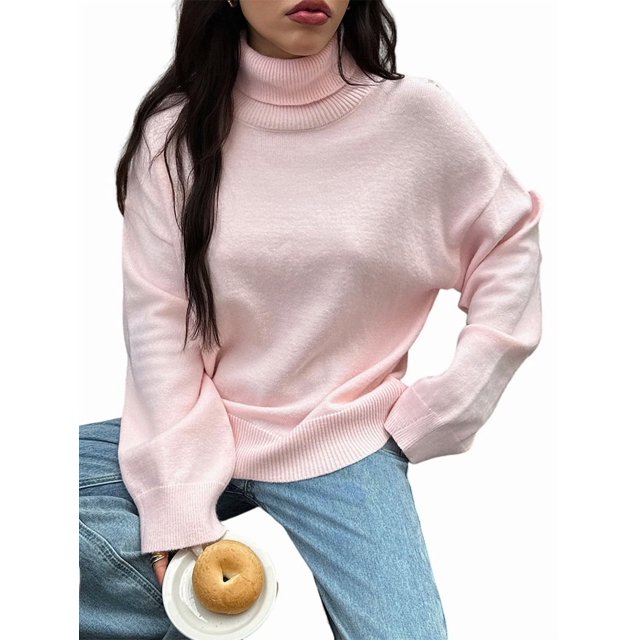 Chandail à Col Roulé pour Femmes, Manches Longues, Tricoté, Ourlet Haut-Bas, Tendance Automne Hiver, Rose P