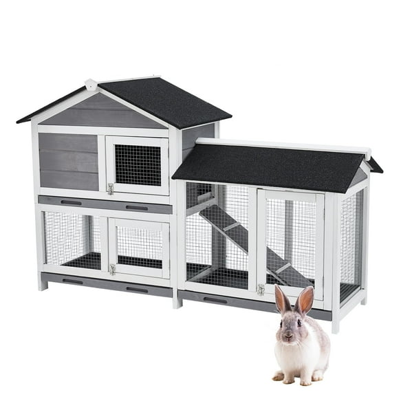 QinaQin 63-Inch Indoor Rabbit Cage with 3 Leak-Proof Trays, Wooden Waterproof Roof, Suitable for Both Indoor and Outdoor Use, Double-Layer Rabbit/Chicken House, Gray-Black