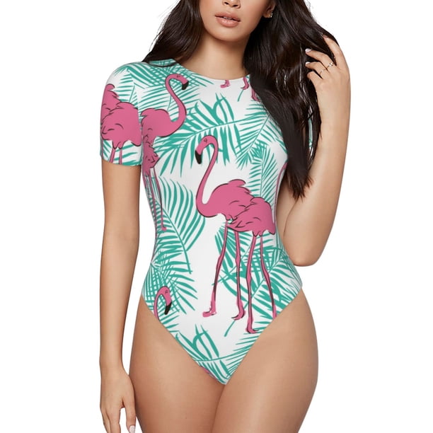 Balery Flamingo Body de cuello redondo de manga corta para mujer Tops de manga corta Tops básicos-Small