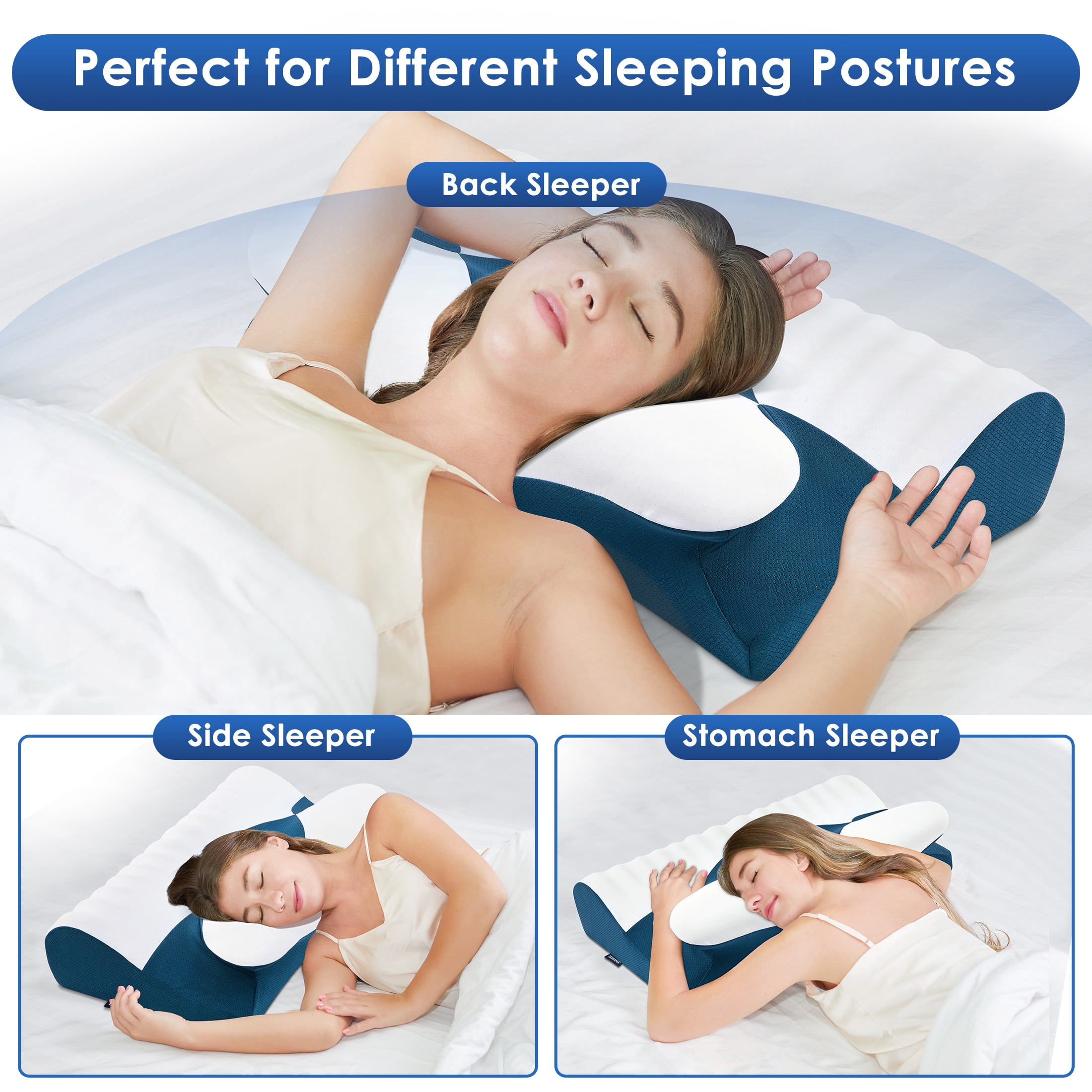 Ergonomic Cervical Memory Foam Pillow for Neck Pain Relief, Orthopedic Contour Pillow with Breathable Cover, for Side, Back, and Stomach Sleepers, Queen Size 23.6"x14.2"x4.7", Blue