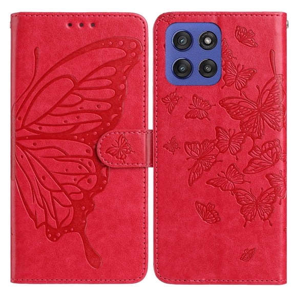 For Moto G Power 5G (2024) Folio Wallet Case with Wrist Strap, Embossed Butterfly Pattern, Lightweight Protective PU Leather Phone Case with Credit Card/Cash Slots, Magnetic Closure, Red
