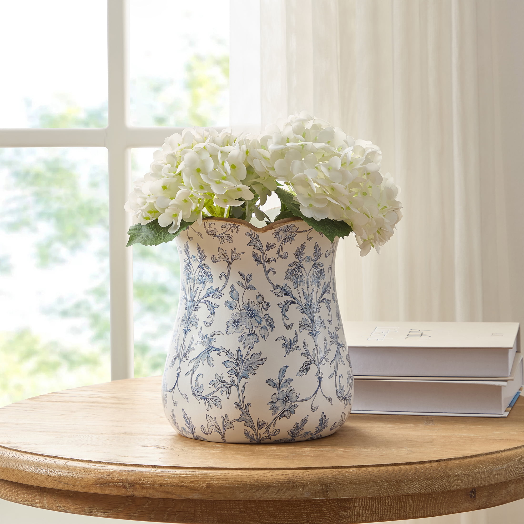My Texas House 8" White/Blue Floral Scallop Trim Ceramic Vase