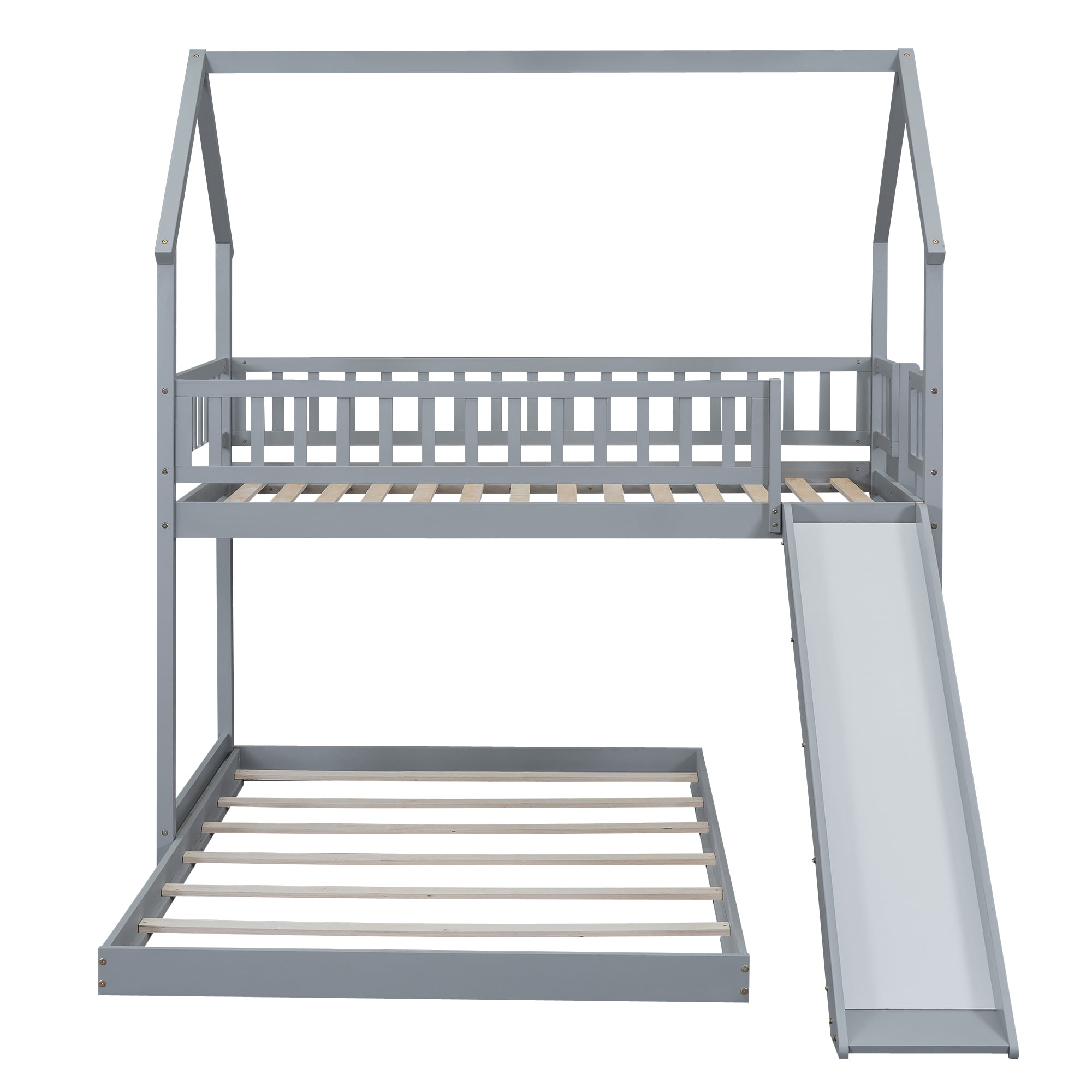 Euroco Modern Wood Twin over Full House Bunk Bed for Kids Teens Bedroom, Gray