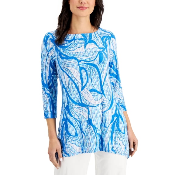 JM Collection Petite Printed 3/4 Sleeve Top Ocean Turquiose Combo PXS