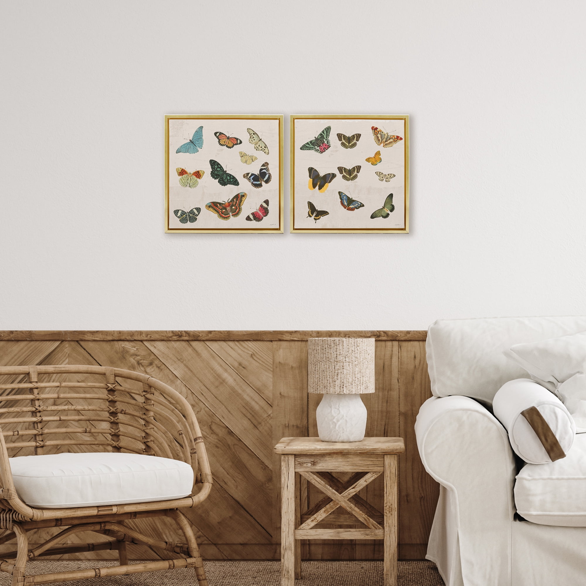 Stupell Industries Collection of Vintage Butterflies 2 Piece Gold Framed Floater Canvas Set, design by Dan Meneely