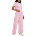 thumbnail image 4 of Conjunto de sudadera de verano de 2 piezas para mujer ATHLECHIC, con camiseta de manga corta y pantalones anchos, color rosa, 4 of 5
