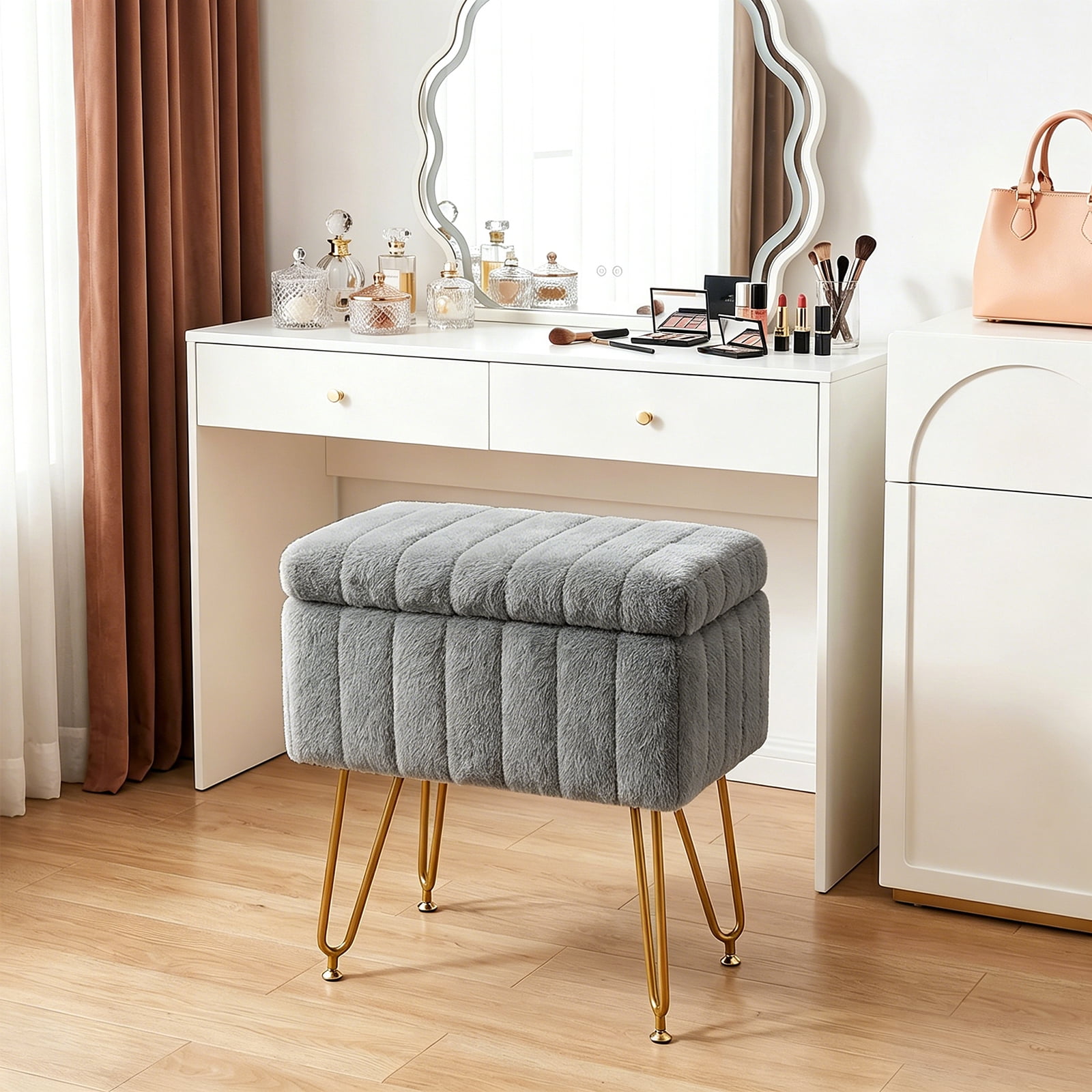 Casabay Vanity Stool Chair with Storage, Faux Fur Footstool Ottoman with Metal Legs & Anti-Slip Adjustable Feet for Bedroom, Entryway