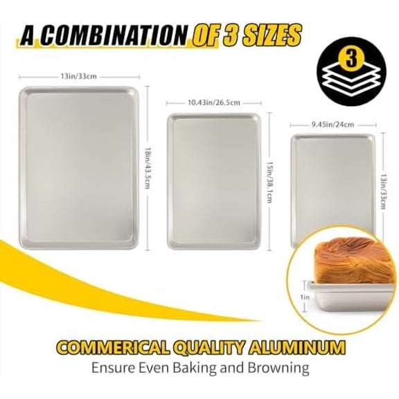 Baking Sheet Pan Set of 3, Commercial Quality Aluminum Cookie Sheets for Oven,  Warp Resistant Baker's Half/Quarter/Jelly Roll Pans, Thick Cookie Tray Pans for Baking, Roasting