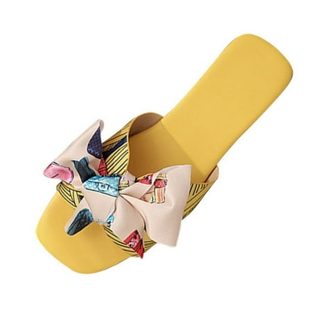 

Slippers for Women with Bow Tie Fashion Spring and Summer Casual Bow Flat Heel Bohemian Beach Sandals Yellow