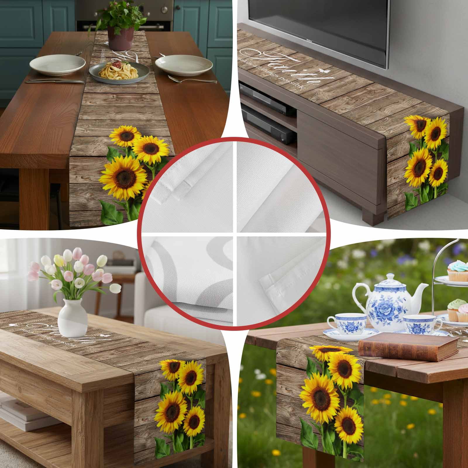Farmhouse Sunflowers Leaves on Wood Plank Table Runner 90 Inches Long, Rural Floral Table Runners Tabletop Scarf Kitchen Dining Tables Decoration for Home Party Indoor Outdoor