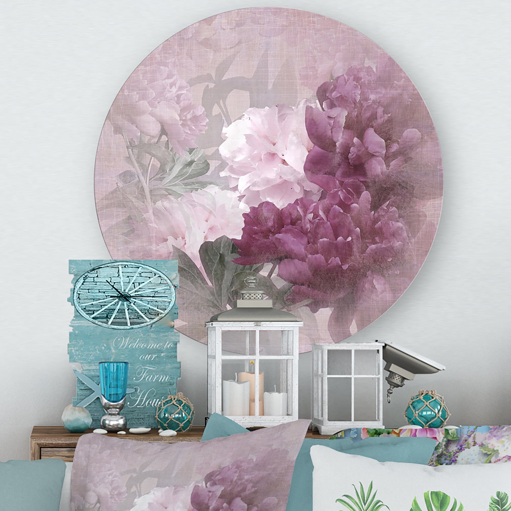 Designart 'Ancient Pink and Purple Flowers II' Traditional Circle Metal Wall Art 23x23 - Disc of 23