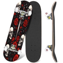 31'' Complete Skateboard 7 Layer Canadian Maple Double Kick Deck Skateboards Red Floral Halloween Scary Gothic Dark Skulls Roses Feathers Leaves Skate Board for Beginner Adult Gifts