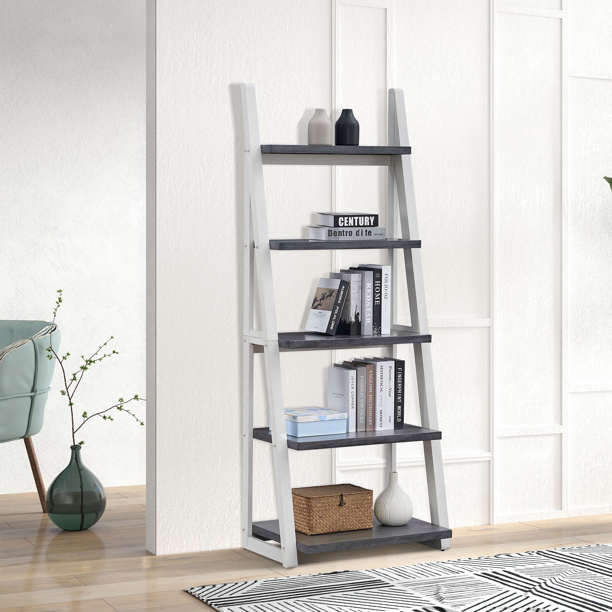 5-Tier Bookshelf,Modern Ladder Bookcase,5 Shelves Storage Rack Ladder Shelf for Living Room, Home Office,White