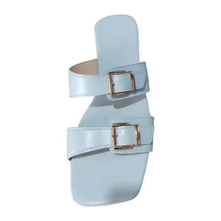 

TUOBARR Flat Slippers for Women Women s Square Toe Sandals Low Heel Flat Slippers Roman Beach Shoes Sky Blue