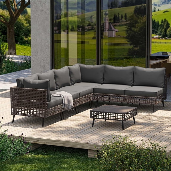 KAMEROUT 7-Piece Outdoor Wicker Patio Furniture Conversation Set, Sectional Sofa with Cushions, Gray