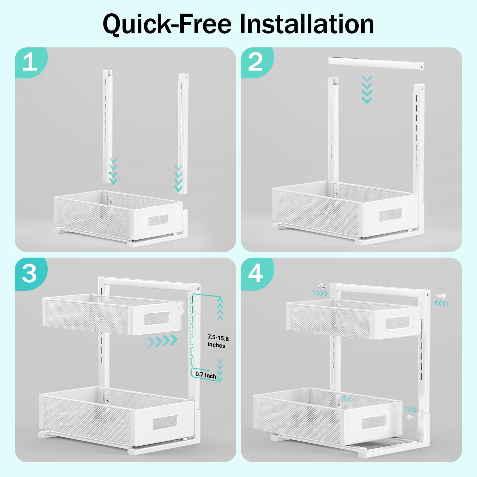 NUBILY Adjustable Height Under Sink Organizer 2-Tier Pull Out Cabinet Organizer, Space Saving Storage Rack for Bathroom Kitchen, White, 1 Pack