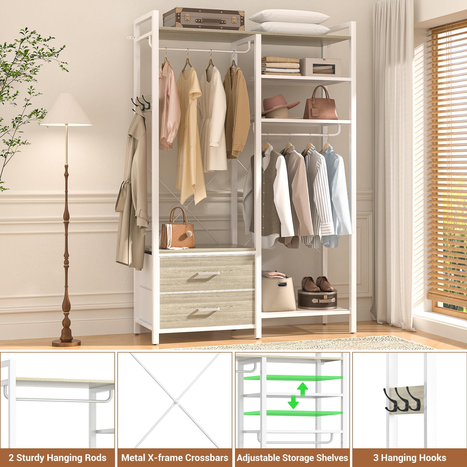6-Tier Heavy Duty Reversible Clothes Rack with Shelves & 2 Drawers