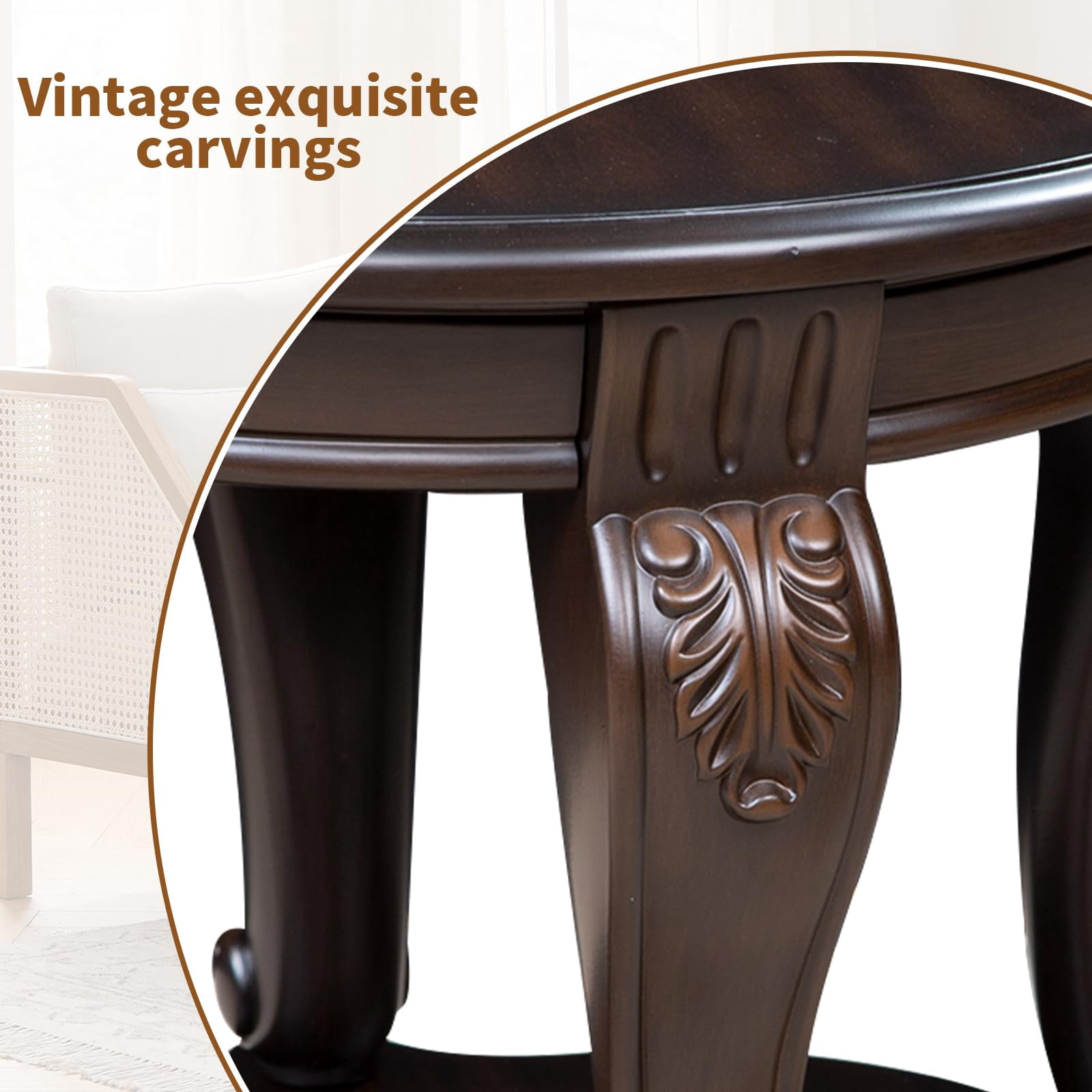 22" Vintage Round End Table - Solid Wood Side Table with Shelf & Carved Legs for Living Room, Farmhouse Style in Espresso