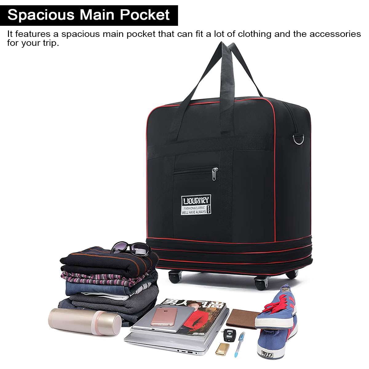 Deago Large Capacity Travel Rolling Duffel Bag Expandable Foldable Luggage Bag with Wheels Lightweight Waterproof Suitcase (Navy)