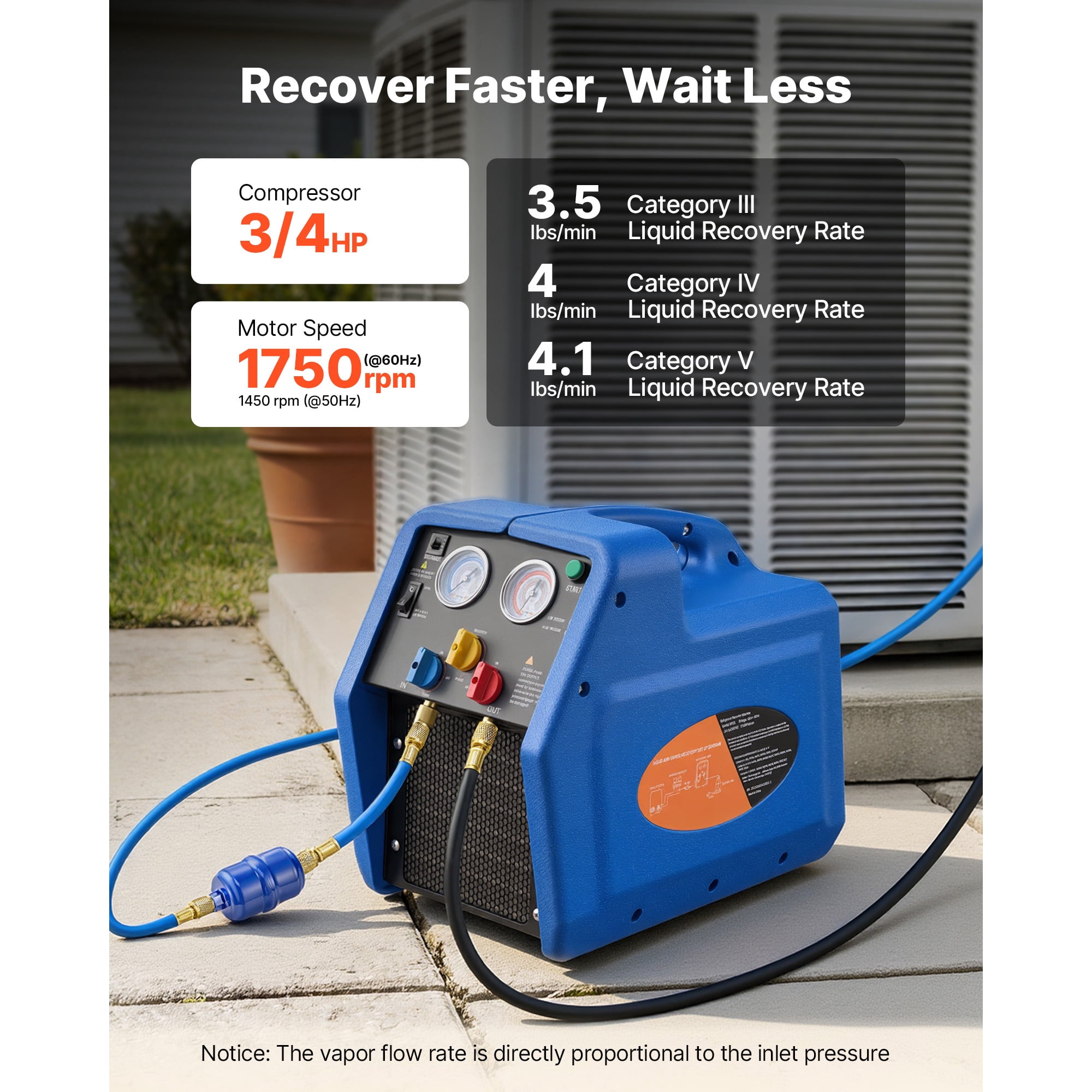 KFFKFF Portable Refrigerant Recovery Unit, 3/4 HP 110V 60Hz Single Cylinder Machine for Liquid and Vapor Refrigerant, 1750 RPM Recycling System for Automotive and Home Air Conditioning