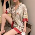 thumbnail image 2 of Conjunto 2 Piezas Mujer Primavera Verano Pijama Manga Corta para Mujer Seda Moda Ropa de Dormir Estampado Flores Pájaro Sexy Satén Conjunto Pijama, 2 of 4