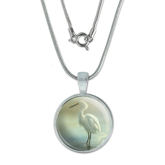 White Egret in the Pond 0.75" Pendant with Sterling Silver Plated Chain