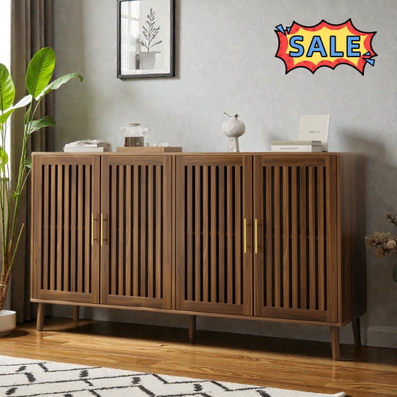 Tcbosik 4-Door Buffet Sideboard, 63 inch Modern Storage Cabinet, Accent Cabinet with Adjustable Shelves, Coffee Bar Cabinet for Kitchen, Dining Room, Living Room, Walnut