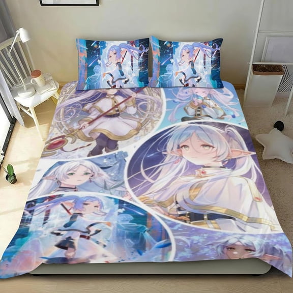 Twin Anime 3 Piece Bedding Set Frieren: Beyond Journey's End Comforter Set Cute Duvet Cover Sets Super Soft Girls Bedding Set Kids Bedroom Gifts,1 Duvet Cover with 2 Pillowcases