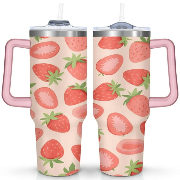 Cup with Handle and Straws 40 oz Stainless Steel Strawberry Travel Coffee Mug Birthday Present for Men Dad Son Husband Gifts for Him/Her Coffee Mugs