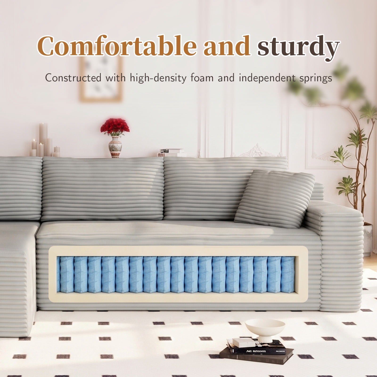 Lunale 105" Modular L-Shaped Sectional Sofa, Boneless Cloud Couch, No Assembly Required, Modern Deep Seat Corduroy Sofa for Living Room, Light Grey (Left Facing Chaise)