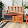 thumbnail image 1 of CorLiving Miramar Hardwood Outdoor Storage Bench with Slatted Back and Armrests, Brown, 1 of 10