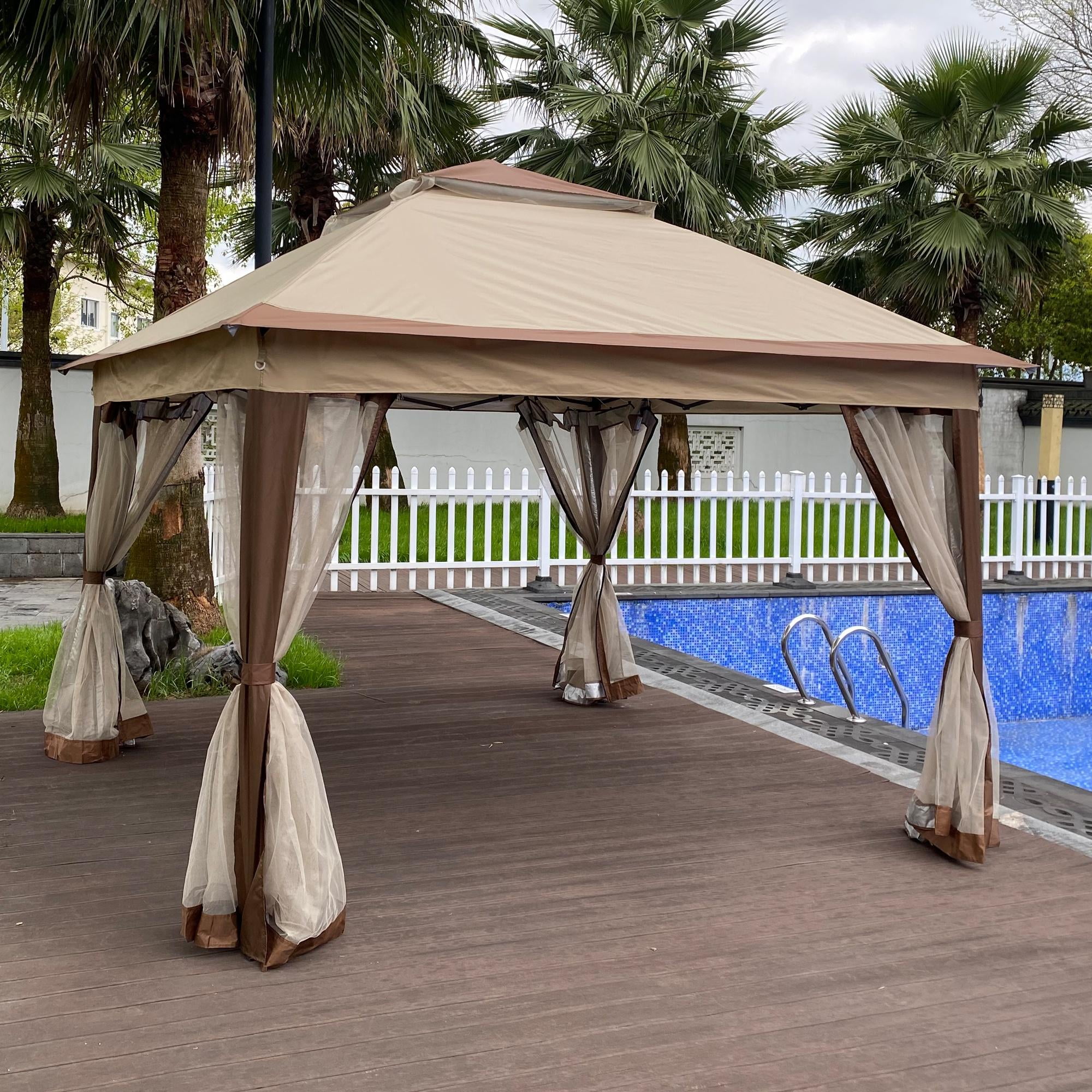 Outdoor Canopy Gazebo, 11ft x 11ft Double Roof Outdoor Canopy Shelter, Coffee Waterproof and Portable Pergola Gazebo Tent for Patio Furniture