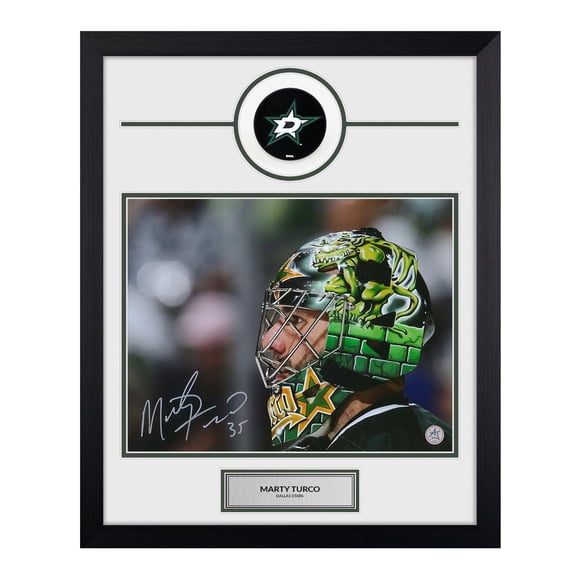 Marty Turco Autographed Dallas Hockey Puck Logo 19x23 Frame