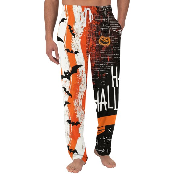 ASDFVBKG Men's Pajama Pants Ghosts and Pumpkins Halloween Cotton Long Sleepwear Lounge Pants Yellow 3XL