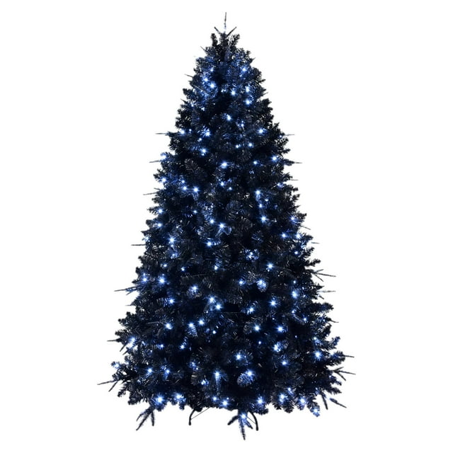 Árbol de Navidad azul y negro con luces flocadas, preiluminado, decorado con estrellas azules, árbol de Navidad artificial de 1,8 m, abeto real, pino navideño, decoración para interiores y exteriores