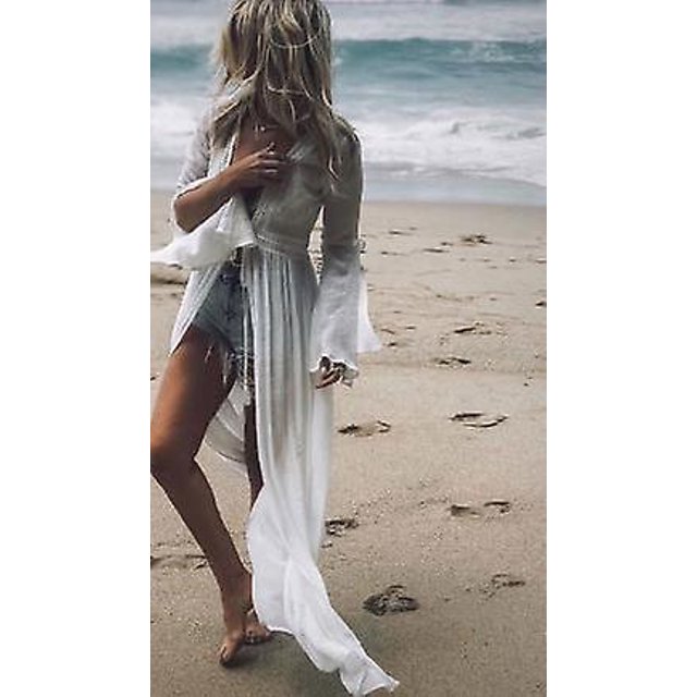 Túnica de encaje blanco largo transparente, ropa de verano para mujer, vestido envolvente Sexy transparente para Bikini, ropa de playa, traje de baño para cubrir ZefeiWu 8390611283421