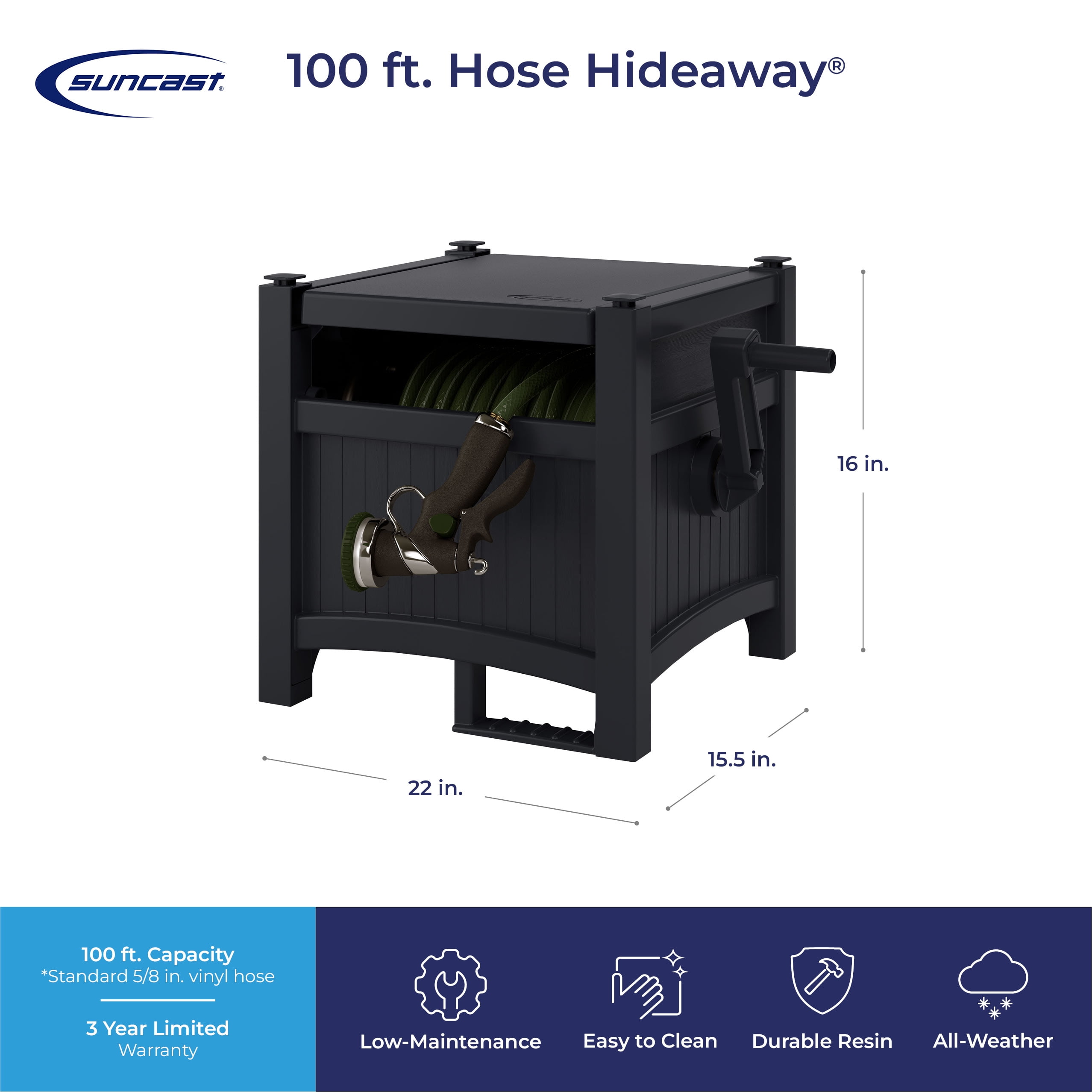 Suncast 100FT Hose Hideaway Durable Resin Hose Reel Storage