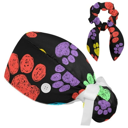 

Working Cap with Buttons and Sweatband Scrub Hat Bouffant Caps with Scrunchie Paw Tie Back Hats
