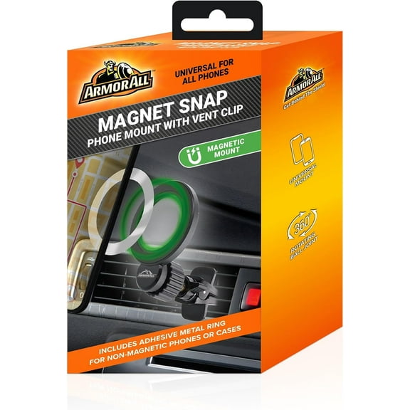 Armor All Magnetic Phone Mount for Car, Air Vent Phone Holder for MagSafe Phones, iPhones, Includes Universal Magnet Ring for Samsung, Non-Magnetic Phones, and Phone Cases, Industrial Grade Magnet