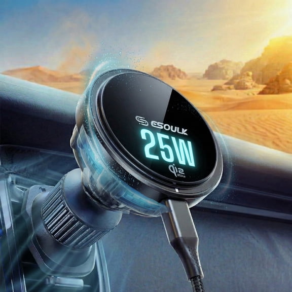Esoulk Qi2 Magnetic Wireless Car Charger 25W, Fast Charging Phone Mount with Cooling Fan, Adjustable Dashboard Car Mount