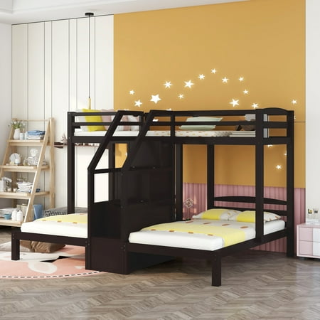 Bellemave Twin Triple Bunk Bed with Storage Stairs  Wood Twin over Twin over Twin Three Beds Bunk Bed for Kids  Teens  Boys & Girls (Espresso)