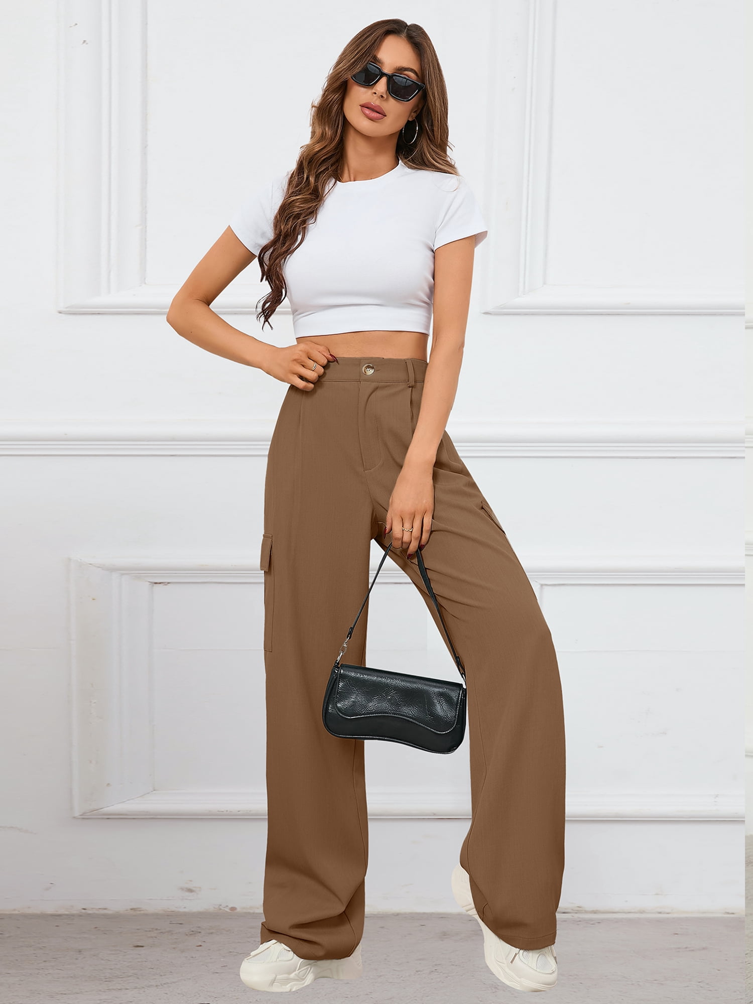 Chiclily Women Wide Leg Pants Loose High Waist Trousers Apricot L