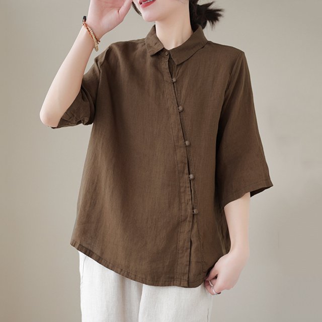 Prix Réduit, Blouse Décontractée à Manches Courtes pour Femmes Printemps/été, Col Rabattu, Couleur Unie, Coupe Ample pour le Confort, Parfaite pour la Superposition/60 % Coton, 40 % Lin, Café, Sopatenor