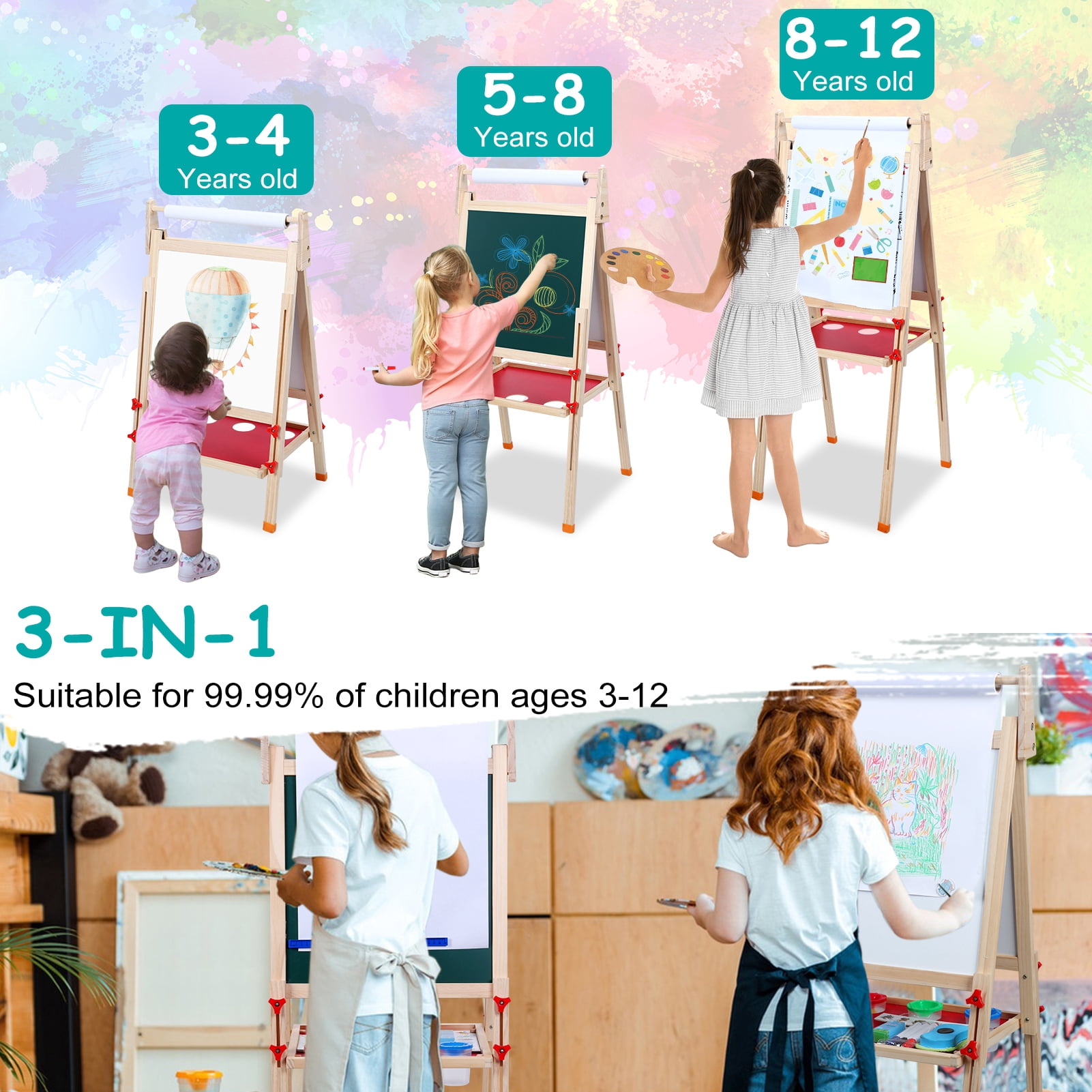 Wharick Magnetic Easel for Kids, Toddlers Art Easel Height Adjustable Drawing Dry-Erase Chalkboard Wooden Artist Easel for Kids Age 4-12