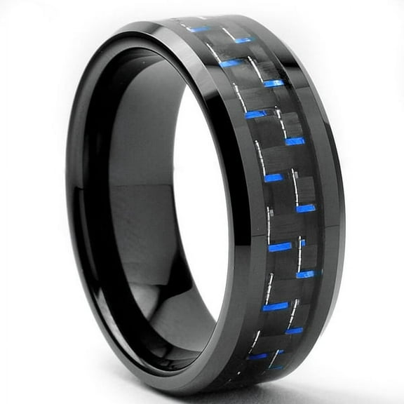 Tungsten Wedding Band Ring 8mm Men's Engagement Black with Blue & Black Carbon Fiber Inlay